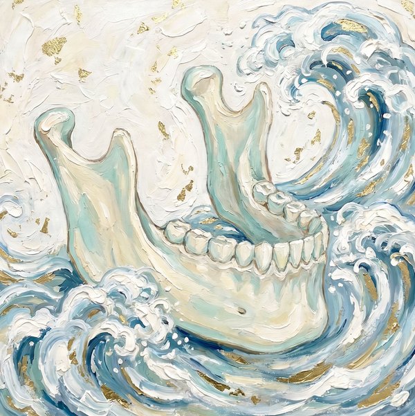 Hokusai’s Jaw, Medsan: a human jaw caught in blue and white waves recalling Hokusai’s Great Wave, scattered with flecks of gold.