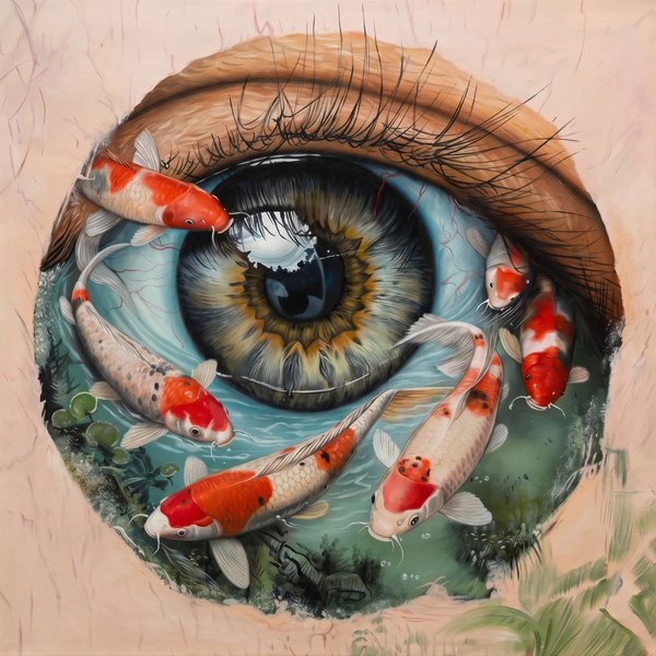 Koi Look, Medsan: a human eye with a green and amber iris, surrounded by a pond where red and white koi swim, on a flesh-pink background.