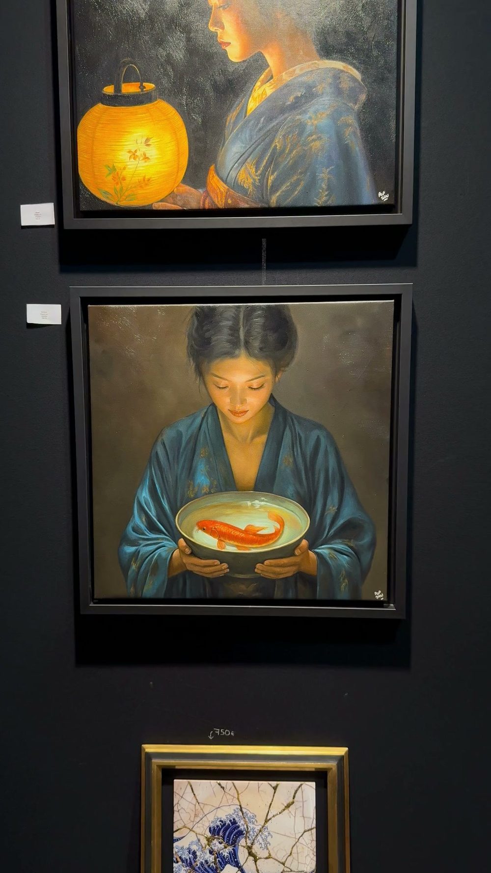 The left-hand column of the wall: Akari, a woman with her lit lantern, above Kingyo, a woman holding a bowl with a goldfish swimming in it, and below them the kintsugi Great Wave in its gilt frame.