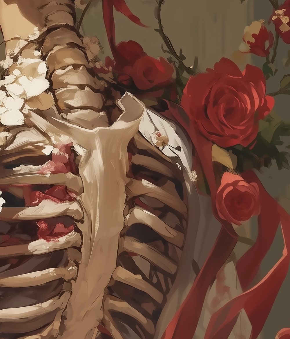 Detail of Chou’s Spine: the spine and ribs through the white dress, red roses and white flowers between the ribs, a red ribbon.