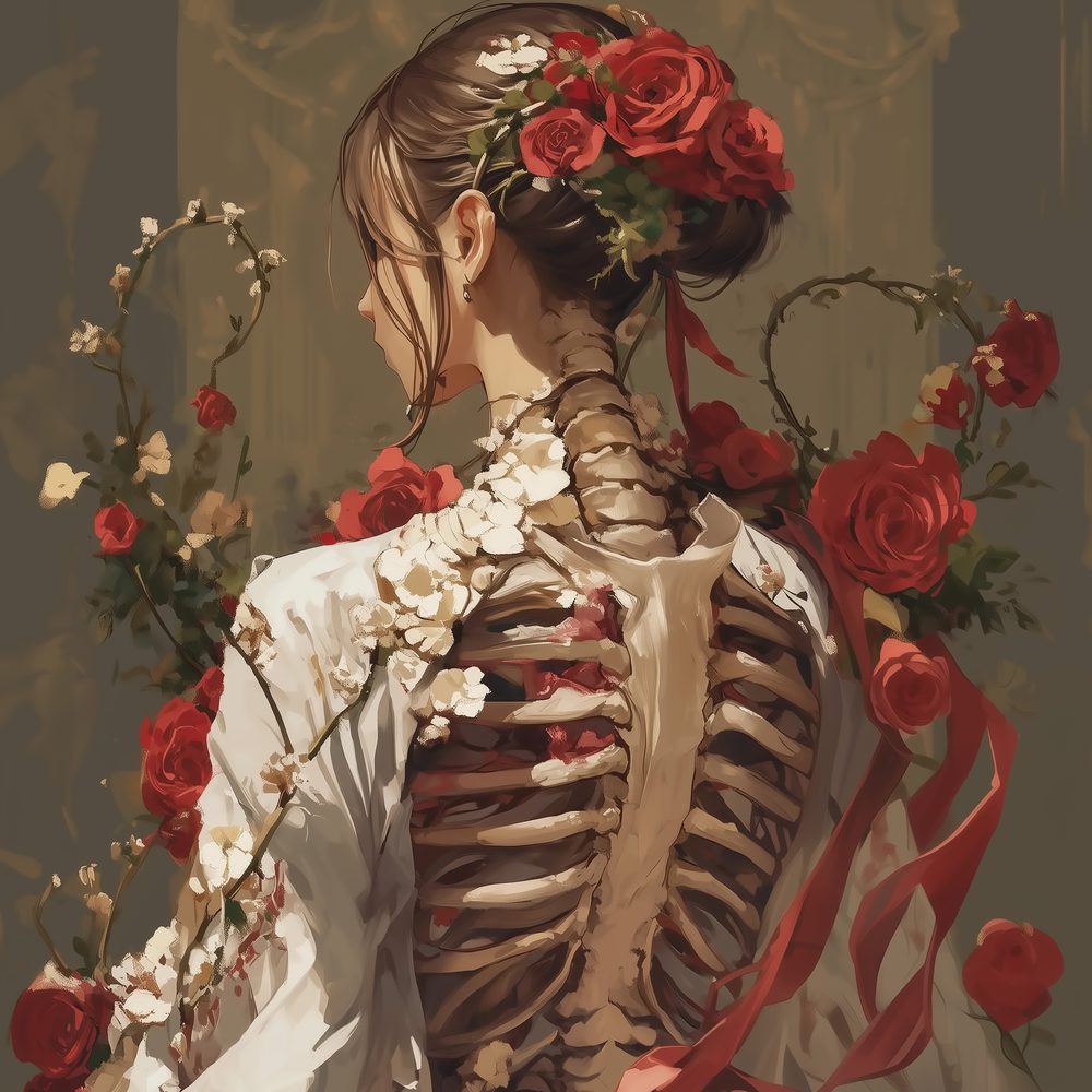 Chou’s Spine, Medsan: a young woman seen from behind, her hair crowned with red roses, her ribcage and spine visible through a white dress, surrounded by roses and red ribbons.