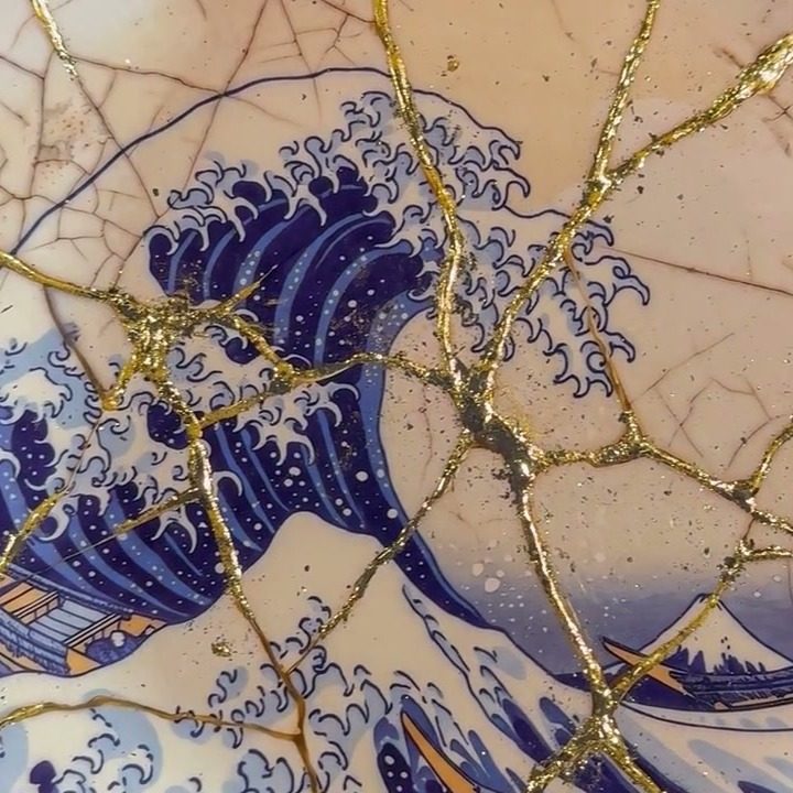 Detail of the golden cracks on the wave: raised gold across the foam and the hollow of the breaker, Mount Fuji at the bottom right.