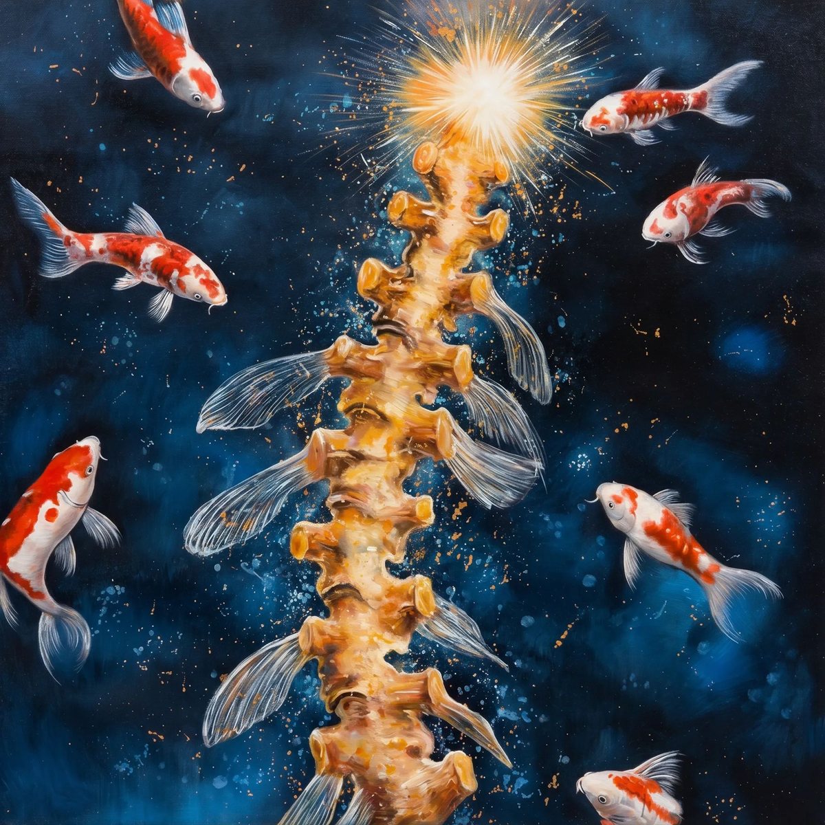 Carpal Spine, Medsan : une colonne vertébrale dorée garnie de nageoires translucides monte vers un éclat de lumière parmi des carpes koï, sur un fond bleu nuit étoilé.