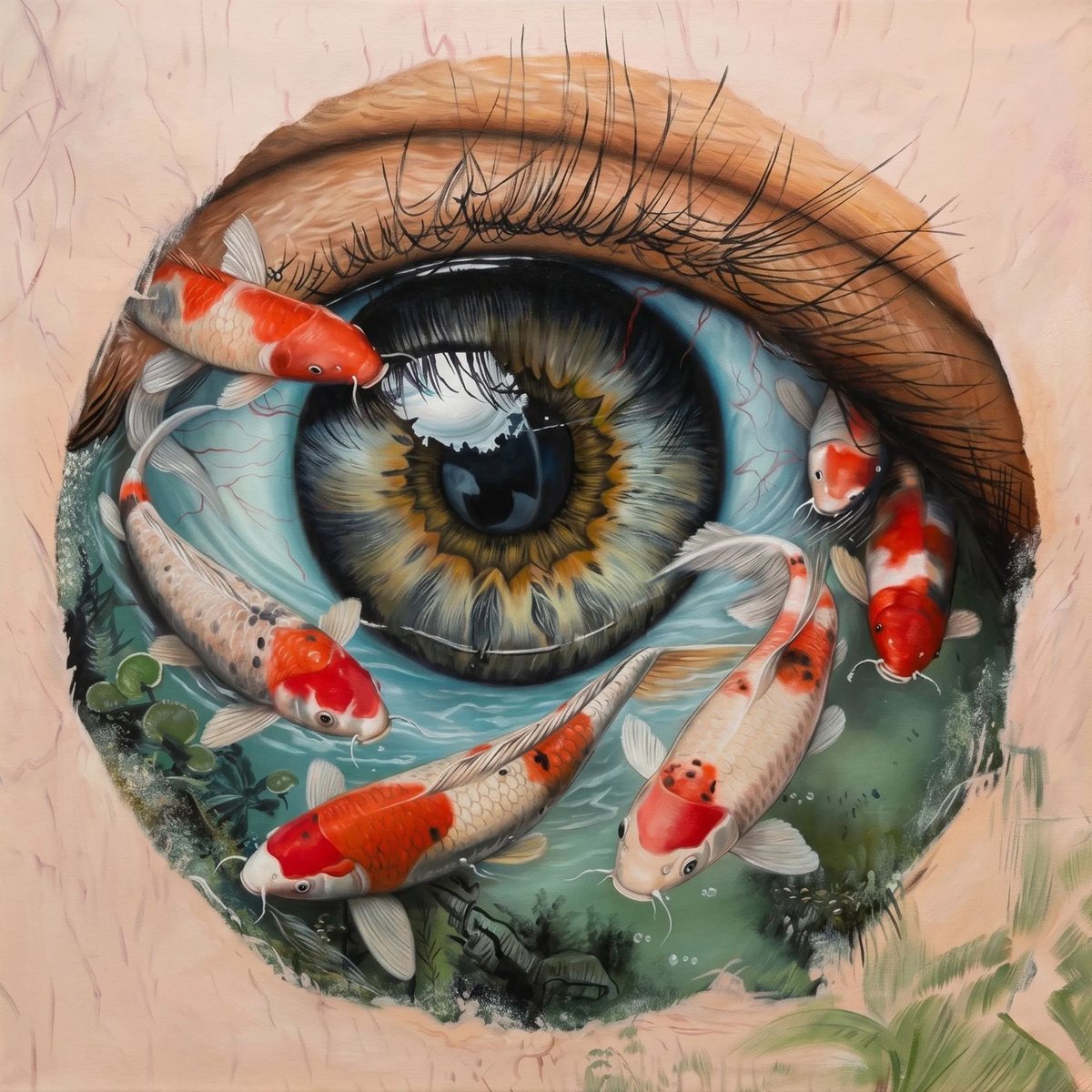 Koi Look, Medsan : un œil humain à l’iris vert et ambre, entouré d’un bassin où nagent des carpes koï rouges et blanches, sur fond rose chair.