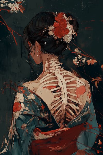 Ayame’s Spine, Medsan : une femme vue de dos en kimono bleu à fleurs, le chignon orné de fleurs rouges, dont la colonne vertébrale et les côtes apparaissent à nu.