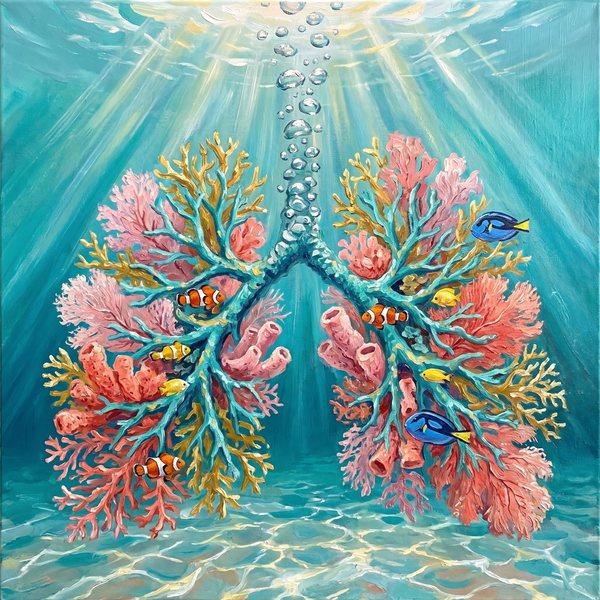 Corallium, Medsan : deux poumons formés de coraux roses, orange et turquoise, habités de poissons tropicaux sous des rayons de soleil marins.