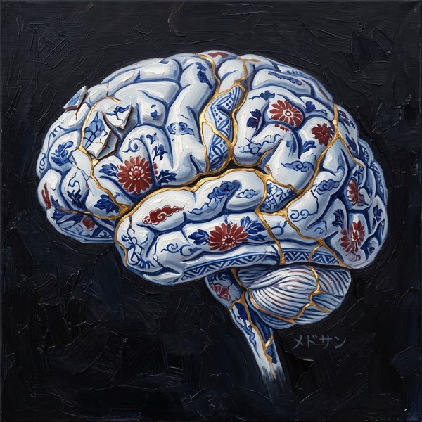 Imari Cortex, Medsan : un cerveau en porcelaine bleue et blanche décorée de fleurs rouges, aux fissures soulignées d’or, sur fond noir.