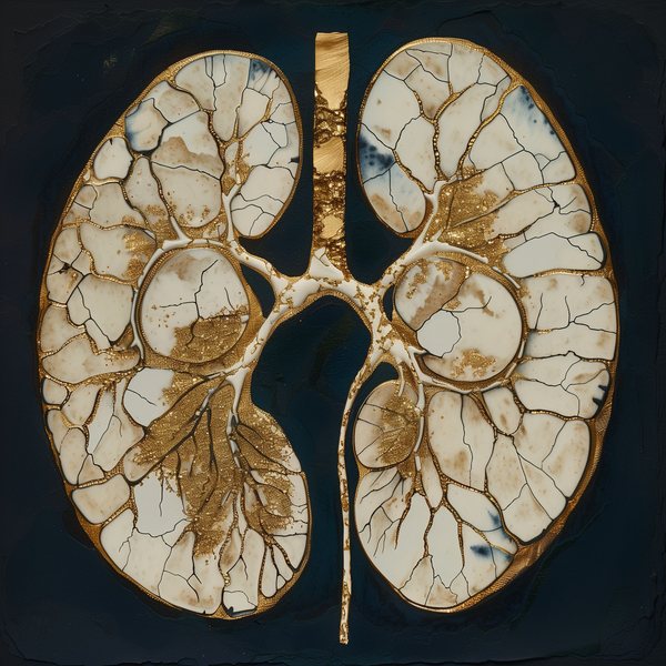 Kidneyugi, Medsan : deux reins en porcelaine ivoire fissurée, aux joints dorés, reliés par un vaisseau d’or, sur fond bleu nuit.
