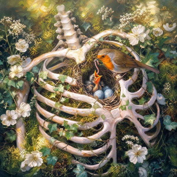 Nidus Cordis, Medsan : une cage thoracique envahie de lierre et de fleurs blanches abrite un nid où un rouge-gorge nourrit son oisillon.