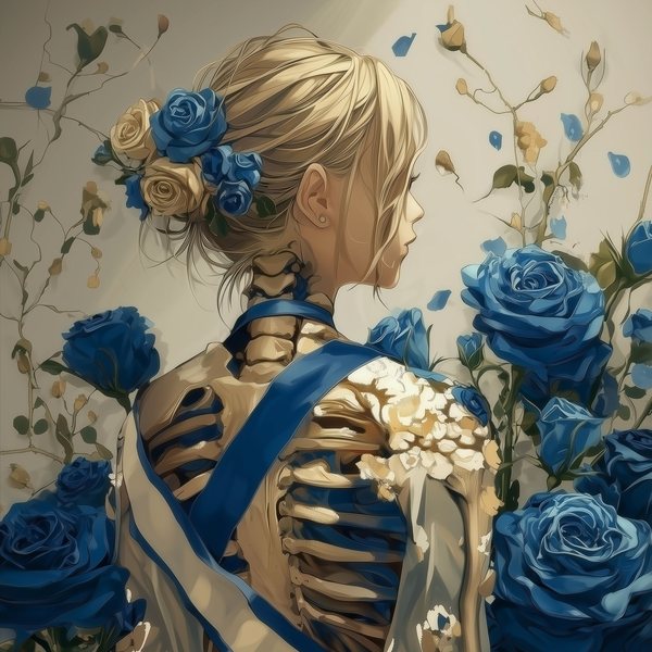 The Girl Spine, Medsan : une jeune femme blonde de dos, des roses bleues dans les cheveux, dont le squelette du dos apparaît sous une écharpe bleue, au milieu de roses bleues.