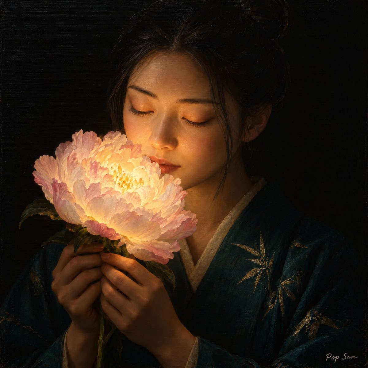 Botan, Popsan : une jeune femme aux yeux fermés respire une grande pivoine rose lumineuse, en kimono sombre brodé de bambous dorés, sur fond noir.