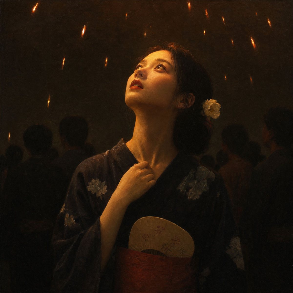 Hanabi, Popsan : une jeune femme en yukata sombre lève les yeux vers une pluie d’étincelles dans la nuit, au milieu d’une foule en silhouette.