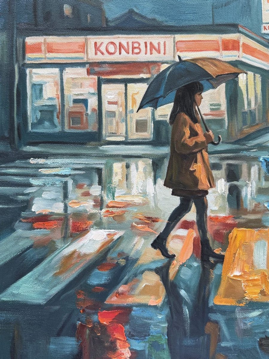 Detail of Le passage de la nuit: the passer-by with her umbrella in front of the lit konbini storefront.