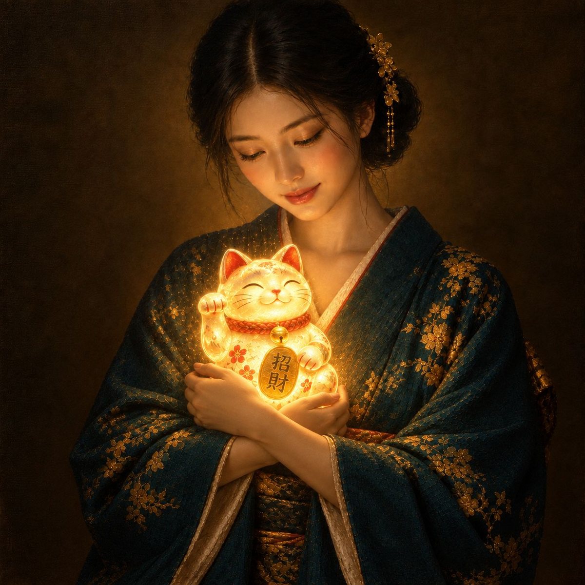 Maneki, Popsan : une jeune femme en kimono bleu sombre à fleurs dorées serre contre elle un chat porte-bonheur lumineux, sur fond brun.