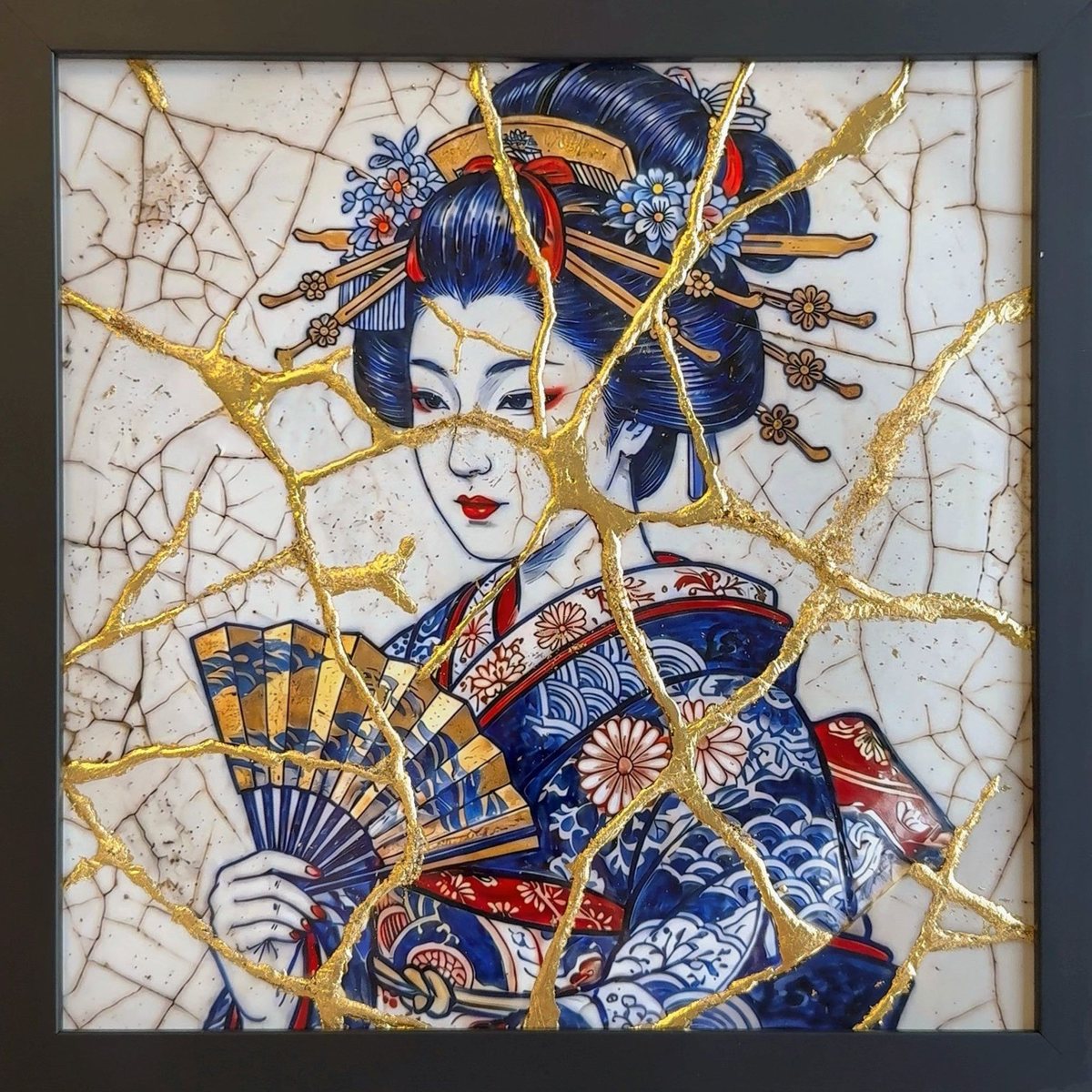 Ōgi, Popsan : sur un carreau de céramique blanc craquelé, une geisha en kimono bleu de cobalt tient un éventail doré ; des veines d’or traversent son visage et le carreau.