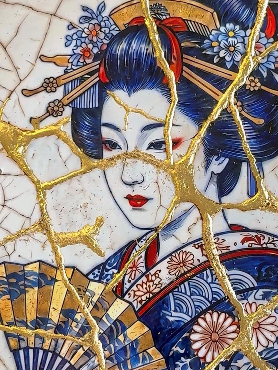 Détail d’Ōgi : le visage de la geisha traversé d’une veine d’or.