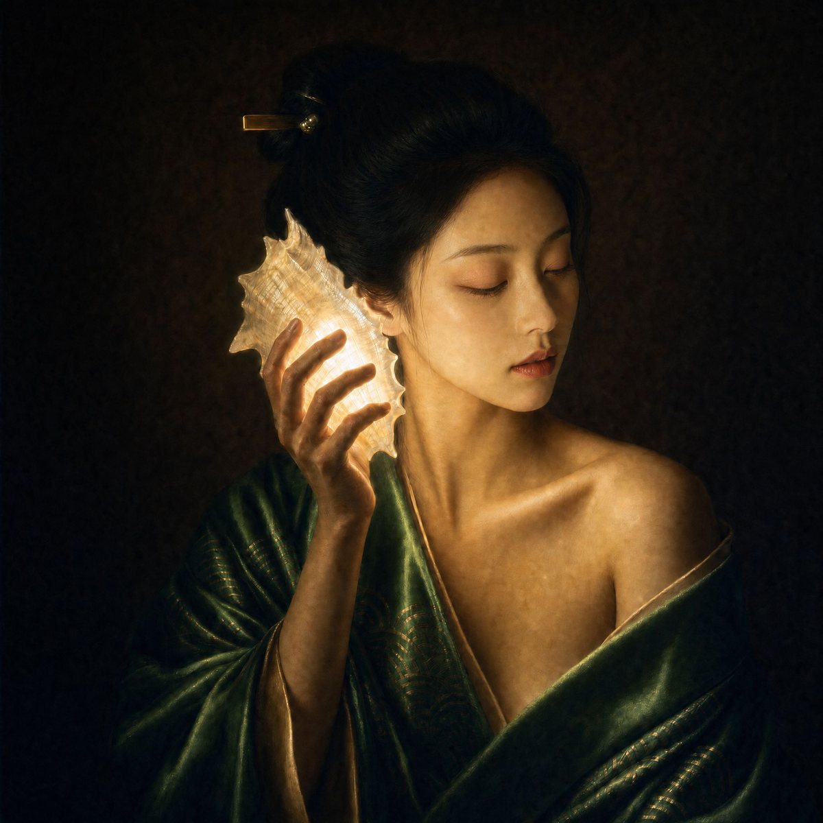 Shiosai, Popsan : une jeune femme aux yeux fermés, l’épaule nue sous un kimono vert, porte à son oreille un coquillage illuminé, sur fond noir.