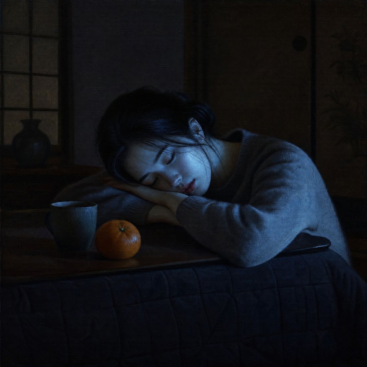 Utatane, Popsan : une jeune femme endormie, la tête sur ses bras, à une table basse près d’une tasse et d’une mandarine, dans une pièce japonaise plongée dans une pénombre bleutée.